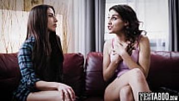 Angry milf and teen stepsis resolve their fight with lesbian sex pillow fight