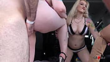 Parking lot creampie gangbang with 3 girls bukkake gangbang