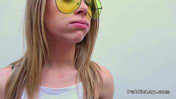 Blonde hottie in fishnets bangs outdoor black hottie