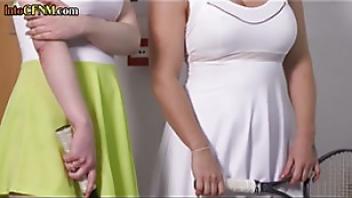 Cfnm tennis femdom group in hj session with lucky dude stretch femdom