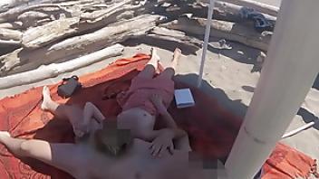 Exhibitionist teacher outdoor amateur milf handjob big cock on nudity beach public in front of voyeur with cum p1 misscreamy masturbation public