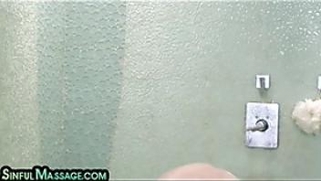 Oiled bigass milf rides cock in bathroom after giving bj landry rides