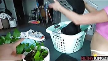 Hot girl leave the laundry and take load dirty laundry